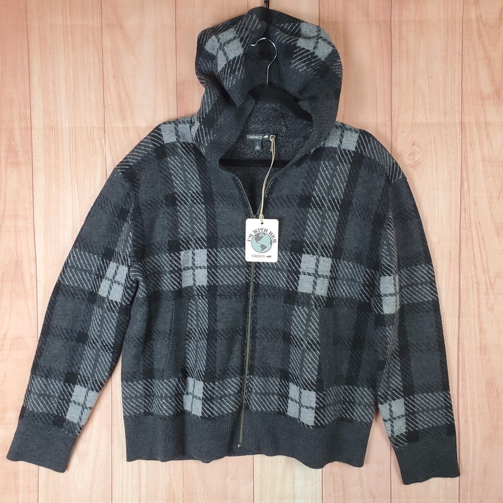 Toad&Co Heartfelt Sweater Womens Large Multicolor Plaid‎ Wool Full Zip Hooded